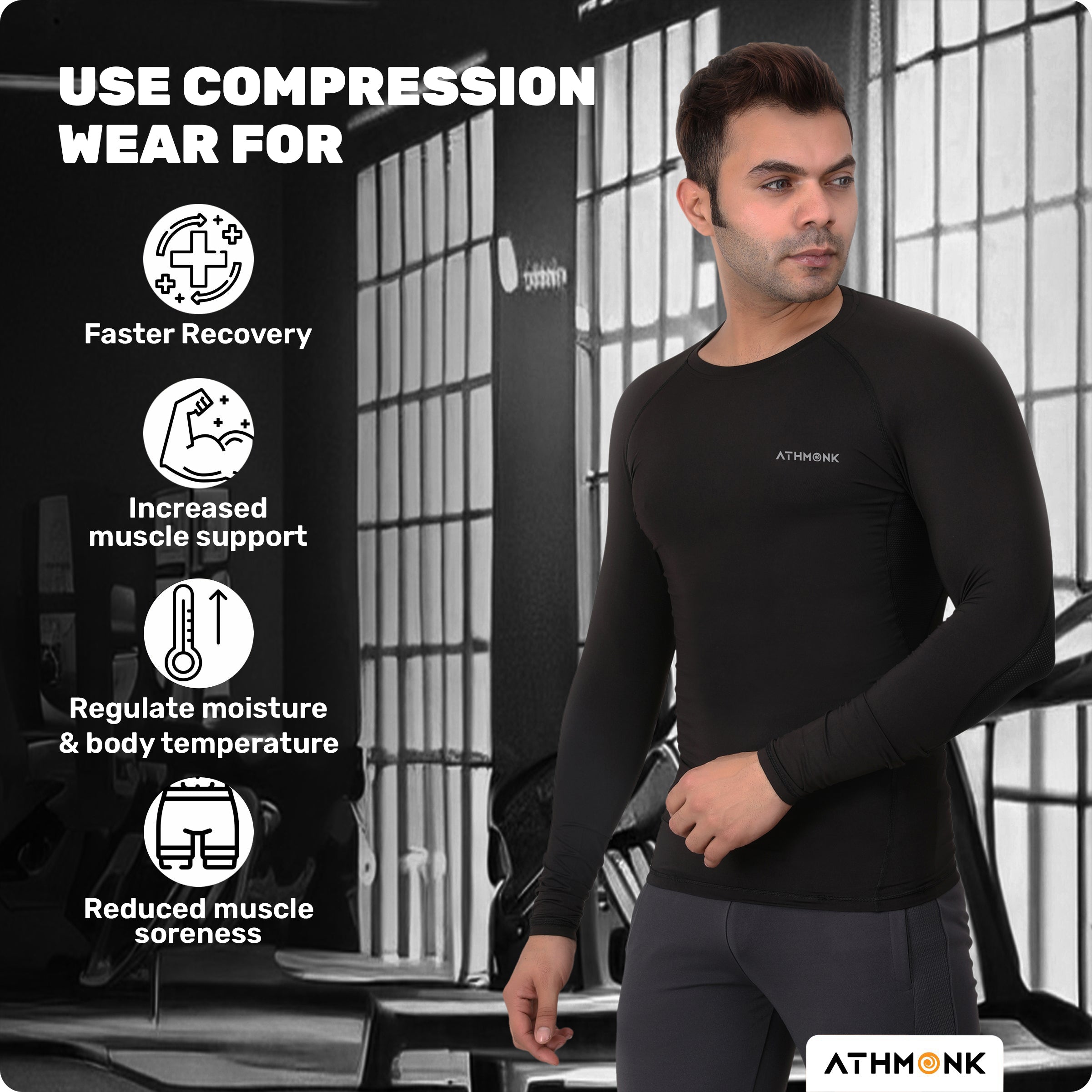 Athmonk Compression T-Shirt Vest Upper Body Shaper for Men Boys Branded - 4-Way Stretch Lycra Fabric - Workout Gym Cricket Running Football Sports Training - Keep Dry Tight Skin Fit - Round Neck