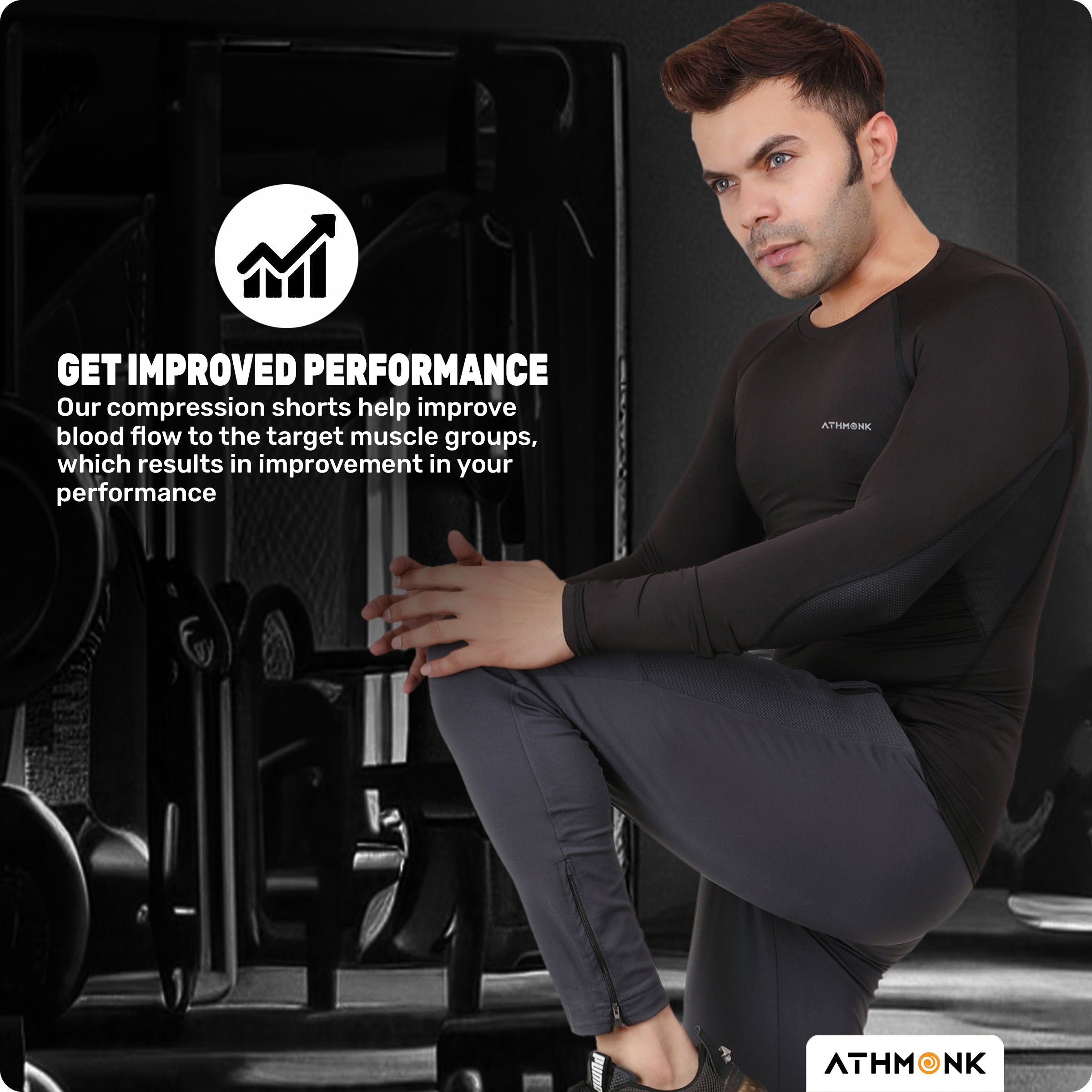 Athmonk Compression T-Shirt Vest Upper Body Shaper for Men Boys Branded - 4-Way Stretch Lycra Fabric - Workout Gym Cricket Running Football Sports Training - Keep Dry Tight Skin Fit - Round Neck