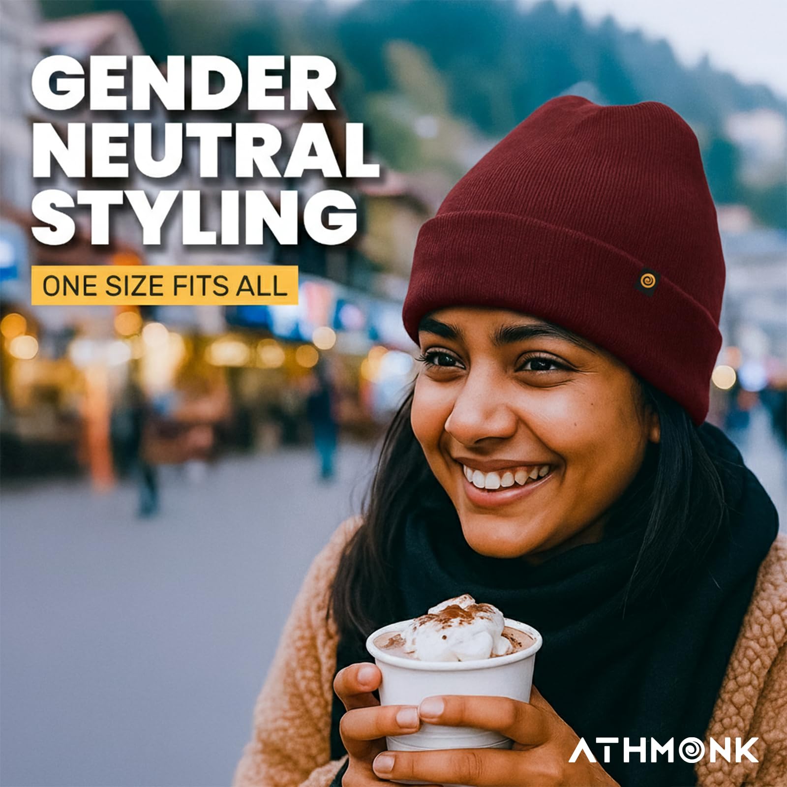 Athmonk Winter Woolen Beanie Cap for Men & Women | Warm Cuff Head Cap for Winters | Cold Weather Hat for Girls & Boys 100% Woollen Fabric Ultra Soft & Cozy | Garam Topi for Man