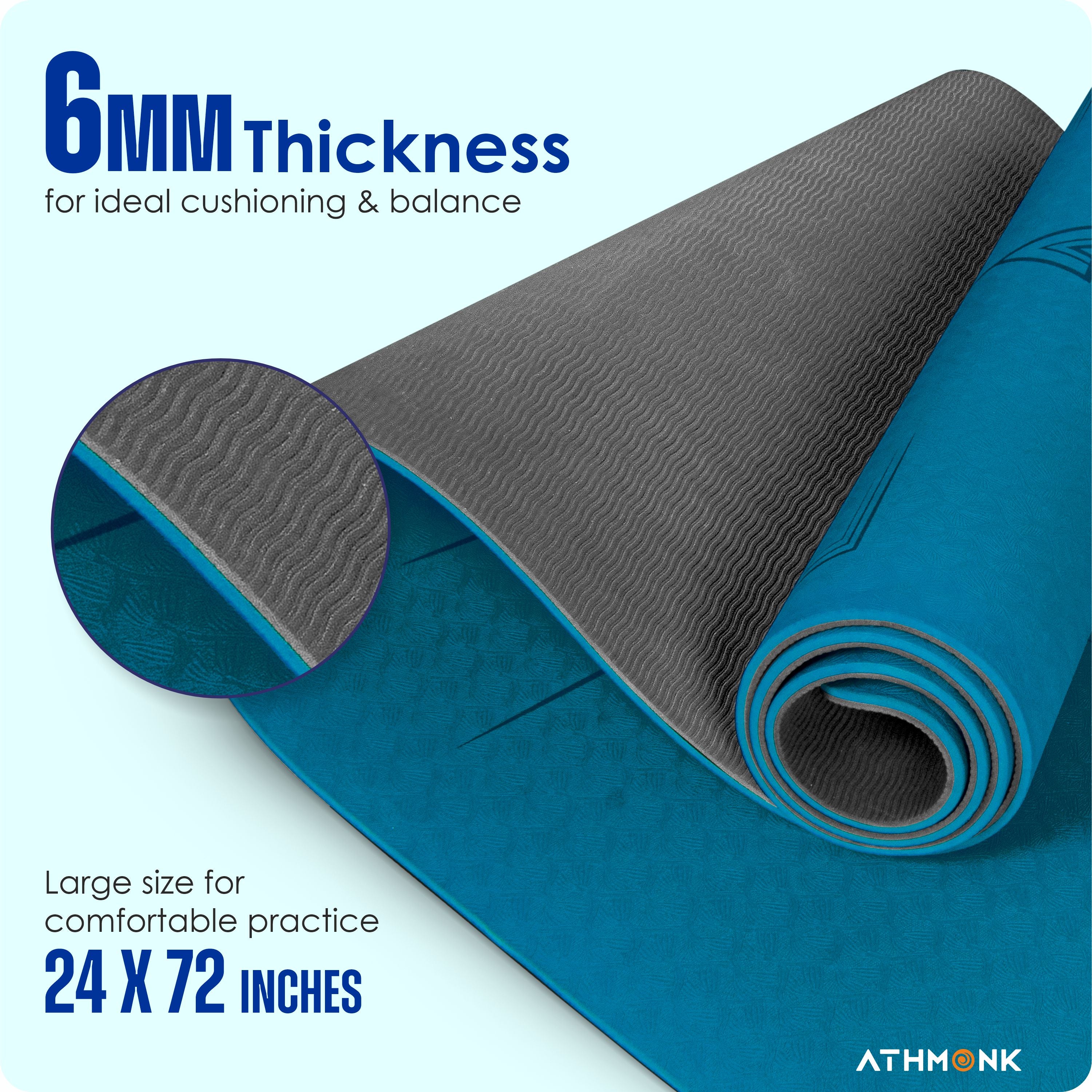 Athmonk Dual Colour TPE Pro Yoga Mat for Woman and Man with Alignment Guide Lines | Home Gym Equipment Exercise Mats for Workout | 6mm Thick Anti Slip Mat for Kids | Big Size with Cover Bag