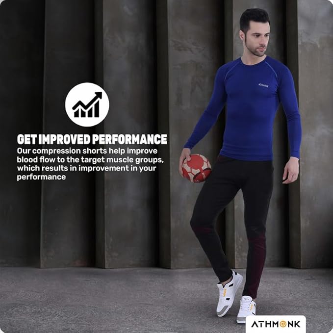 Athmonk Compression T-Shirt Vest Upper Body Shaper for Men Boys Branded - 4-Way Stretch Lycra Fabric - Workout Gym Cricket Running Football Sports Training - Keep Dry Tight Skin Fit - Round Neck