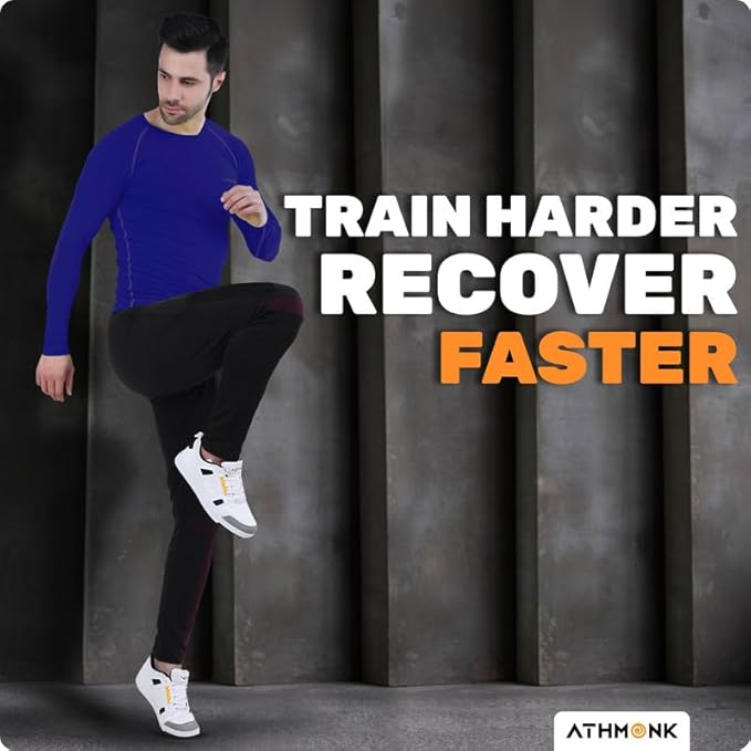 Athmonk Compression T-Shirt Vest Upper Body Shaper for Men Boys Branded - 4-Way Stretch Lycra Fabric - Workout Gym Cricket Running Football Sports Training - Keep Dry Tight Skin Fit - Round Neck