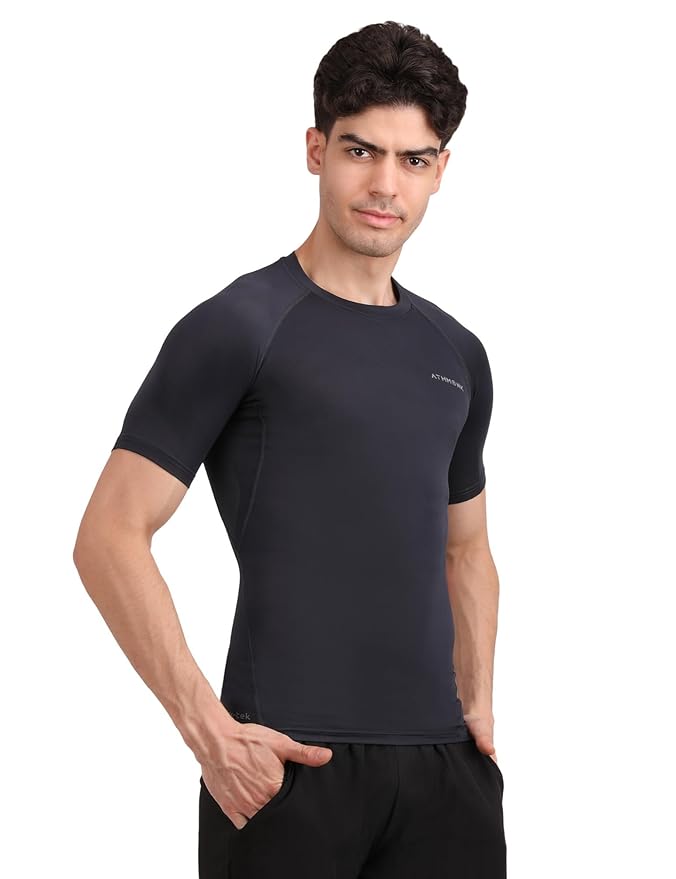 Athmonk Compression T-Shirt Vest Body Shaper Half Sleeve for Men Boys Branded - Nylon Lycra Fabric - Workout Gym Cricket Football Sports Training - Keep Dry Tight Skin Fit - Round Neck