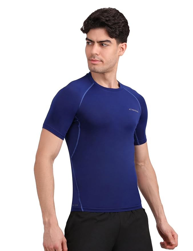 Athmonk Compression T-Shirt Vest Body Shaper Half Sleeve for Men Boys Branded - Nylon Lycra Fabric - Workout Gym Cricket Football Sports Training - Keep Dry Tight Skin Fit - Round Neck