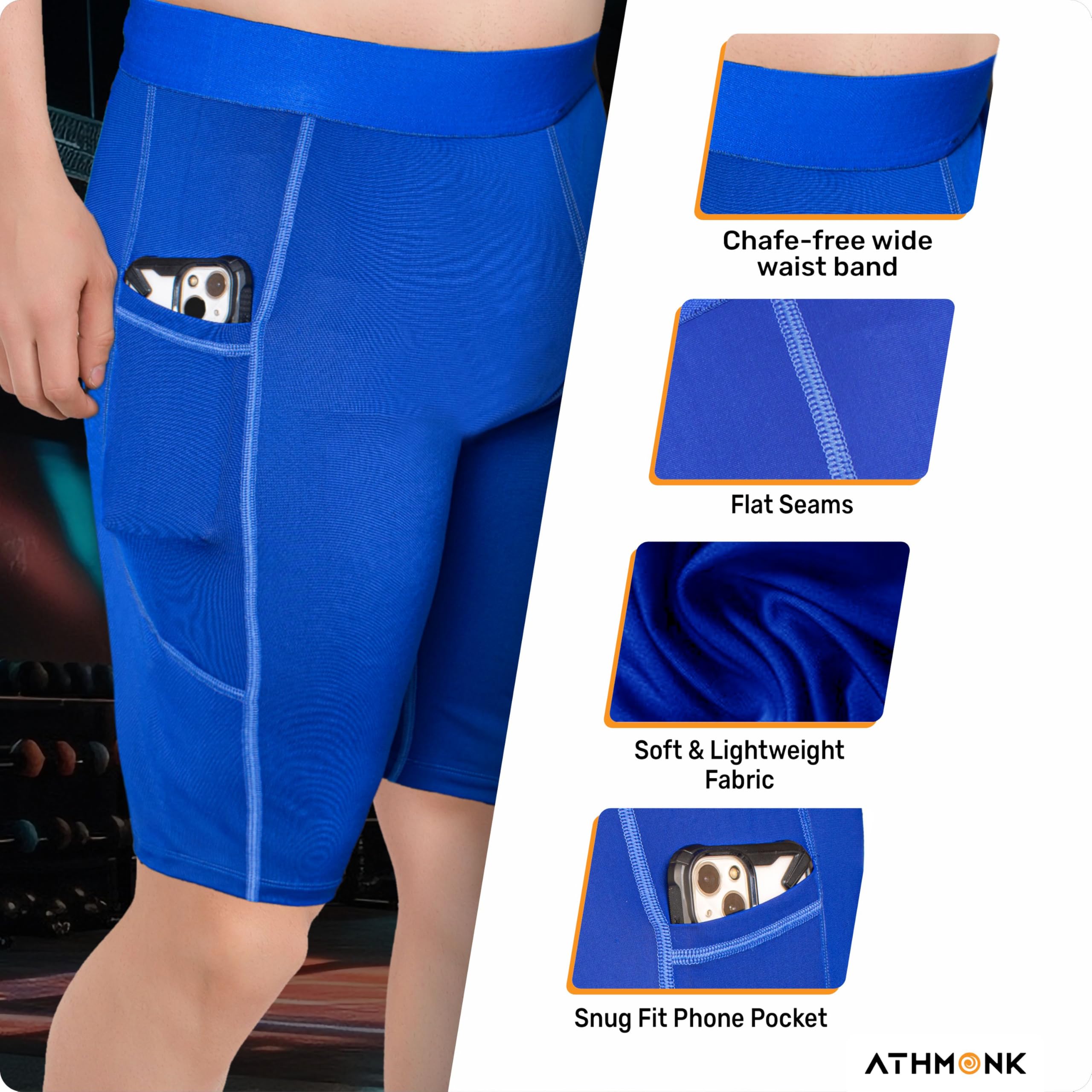 Athmonk 4-Way Lycra Compression Shorts for Men with Phone Pocket | Skin Fit, Non Padded | Cycling Running Workout Gym Cricket Football Sports | Recovery Muscle Support Quick Dry Anti-Chafe