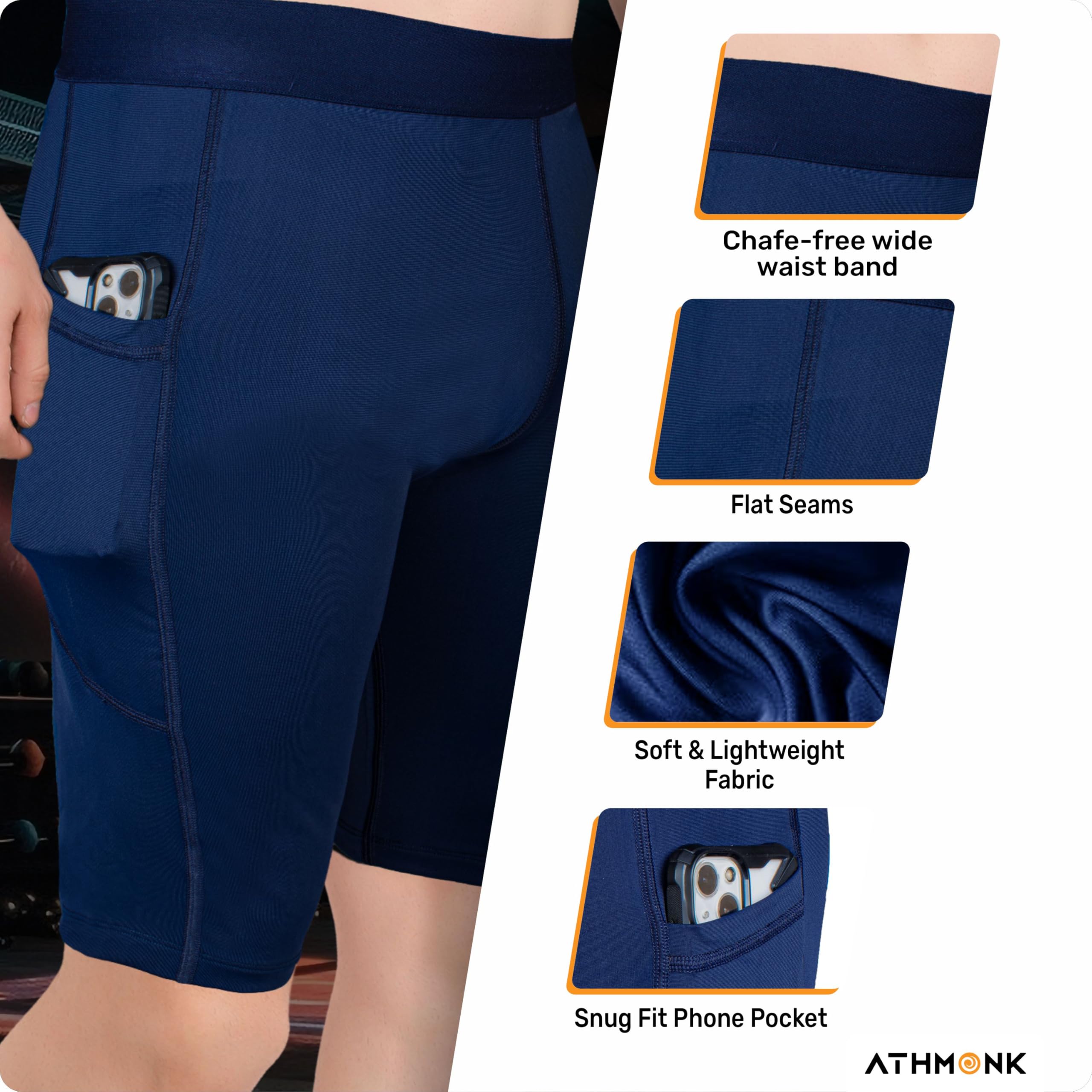 Athmonk 4-Way Lycra Compression Shorts for Men with Phone Pocket | Skin Fit, Non Padded | Cycling Running Workout Gym Cricket Football Sports | Recovery Muscle Support Quick Dry Anti-Chafe