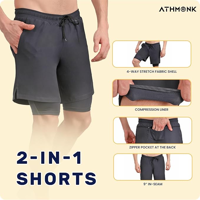 Athmonk 2in1 Hybrid Workout Shorts for Men and Women