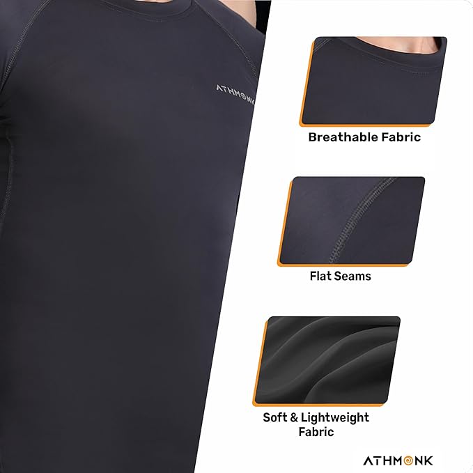 Athmonk Compression T-Shirt Vest Body Shaper Half Sleeve for Men Boys Branded - Nylon Lycra Fabric - Workout Gym Cricket Football Sports Training - Keep Dry Tight Skin Fit - Round Neck