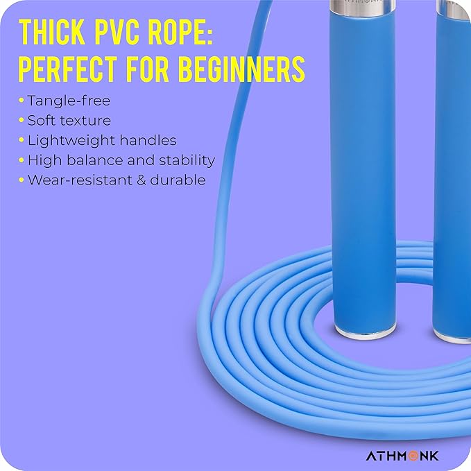 Athmonk Thick Skipping Rope For Men & Women - Jumping Rope For Exercise - Anti-Slip Handle - Tangle Free 10ft Long Adjustable PVC Rope
