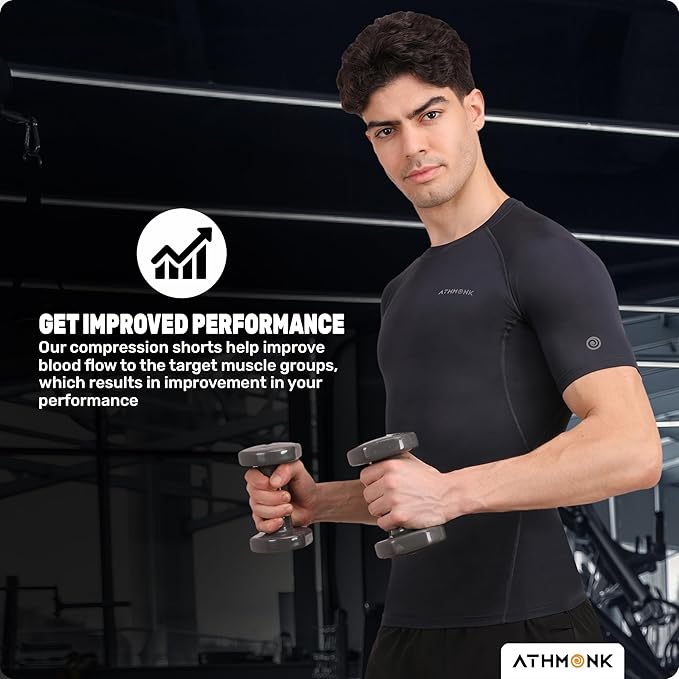 Athmonk Compression T-Shirt Vest Body Shaper Half Sleeve for Men Boys Branded - Nylon Lycra Fabric - Workout Gym Cricket Football Sports Training - Keep Dry Tight Skin Fit - Round Neck