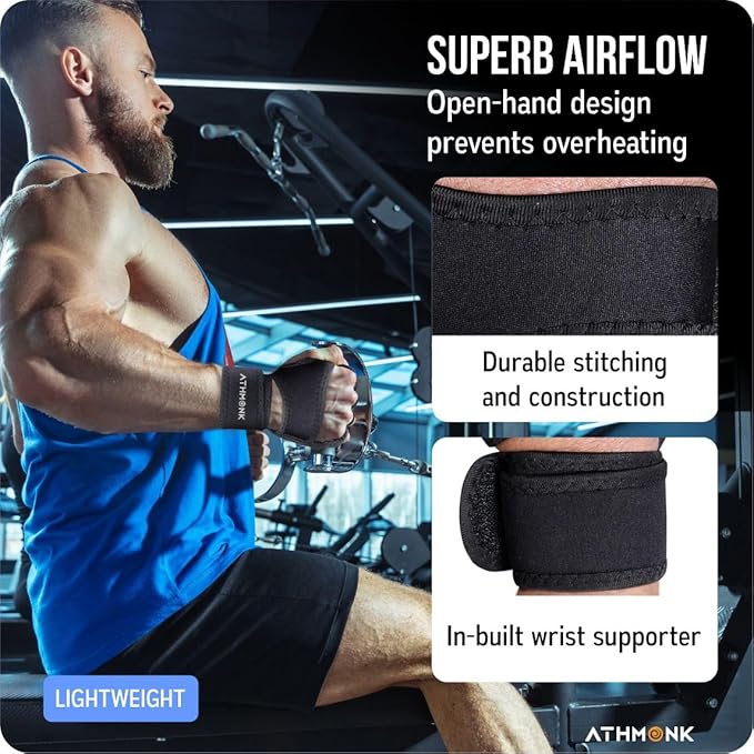 Athmonk Gym Gloves for Men & Women with Wrist Supporter Wrap Strap - Fingerless Half Hand Cut - Stylish Palm Grip
