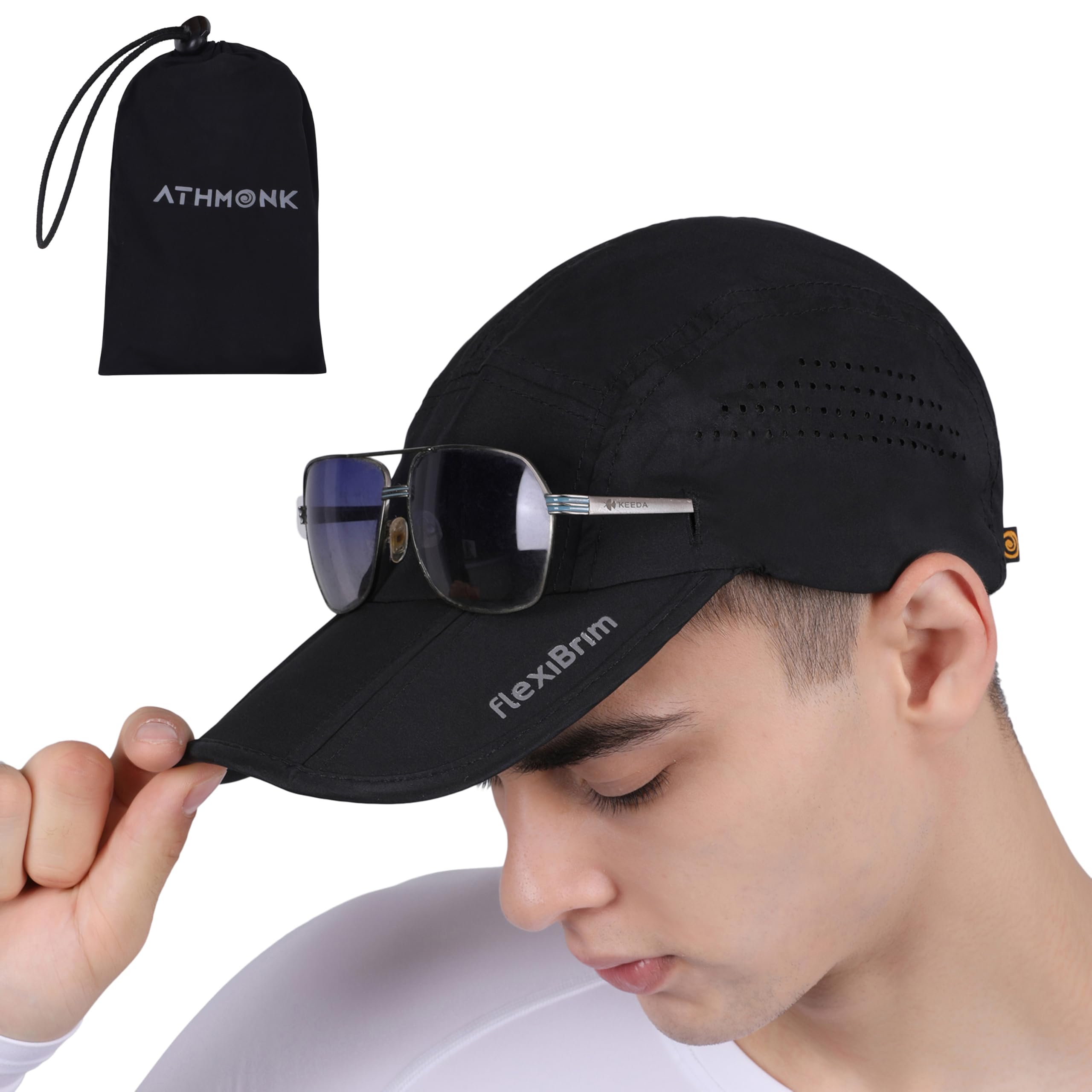 Athmonk FlexiBrim Foldable Sports Cap for Man & Woman with Carry Pouch | Men's Cap for Running, Gym, Rain, Summer | Super Portable, Fits in Pocket Cap with Ventilation Holes | Adjustable Size, Black