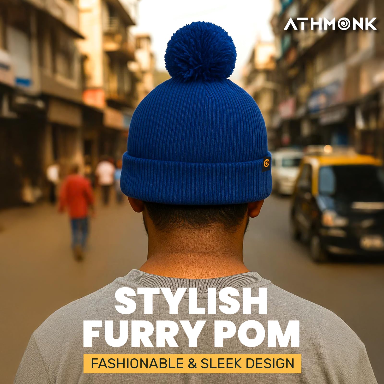 Athmonk Winter Woolen Beanie Cap for Men & Women with Pom | Stylish Head Cap for Winters | Cold Weather Hat for Girls & Boys | 100% Woollen Fabric Ultra Soft & Cozy | Garam Topi for Man |