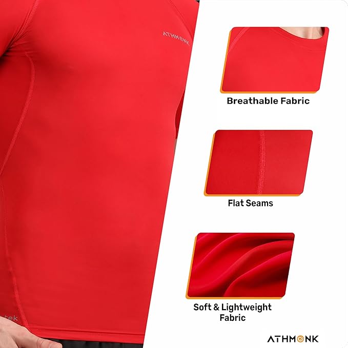 Athmonk Compression T-Shirt Vest Body Shaper Half Sleeve for Men Boys Branded - Nylon Lycra Fabric - Workout Gym Cricket Football Sports Training - Keep Dry Tight Skin Fit - Round Neck
