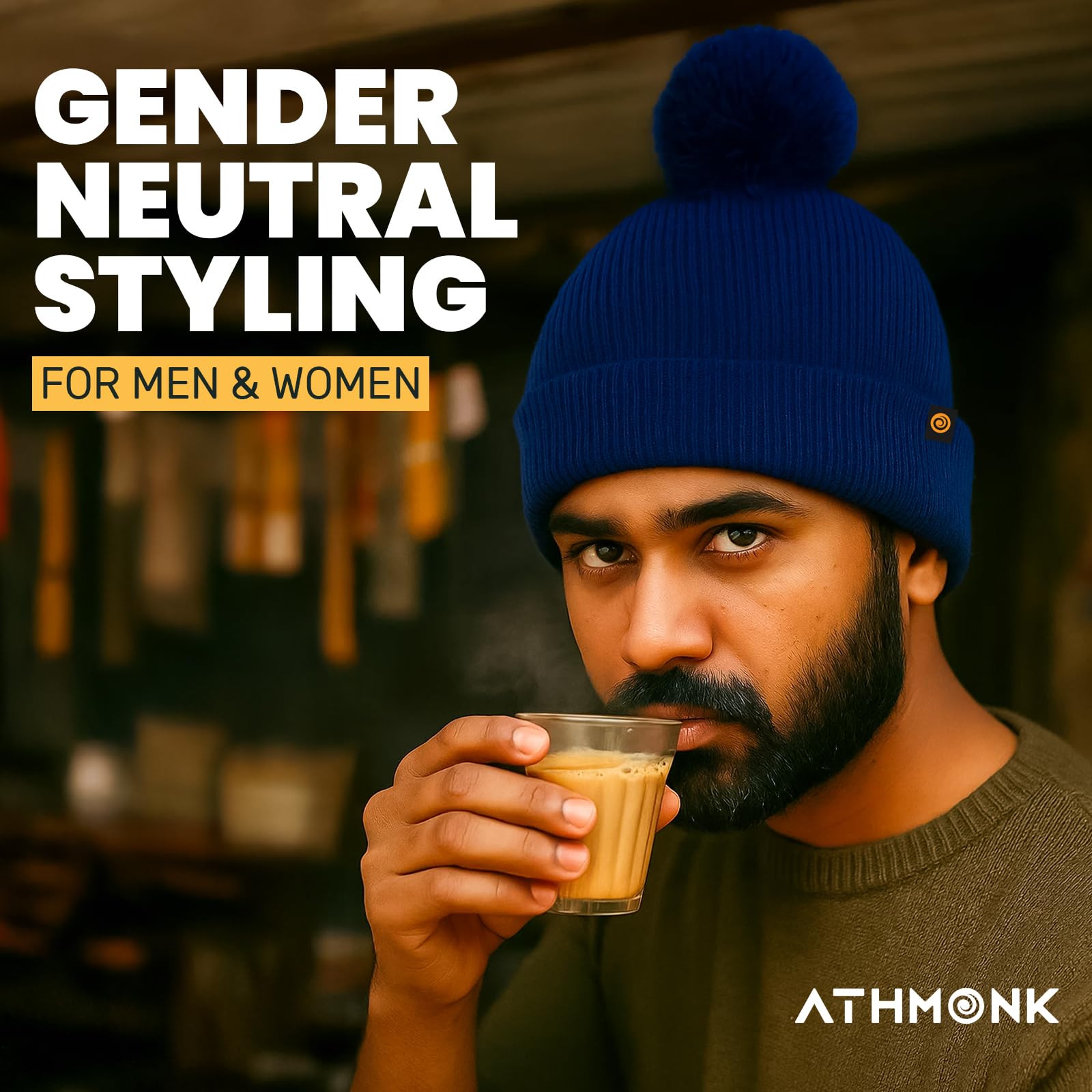 Athmonk Winter Woolen Beanie Cap for Men & Women with Pom | Stylish Head Cap for Winters | Cold Weather Hat for Girls & Boys | 100% Woollen Fabric Ultra Soft & Cozy | Garam Topi for Man |