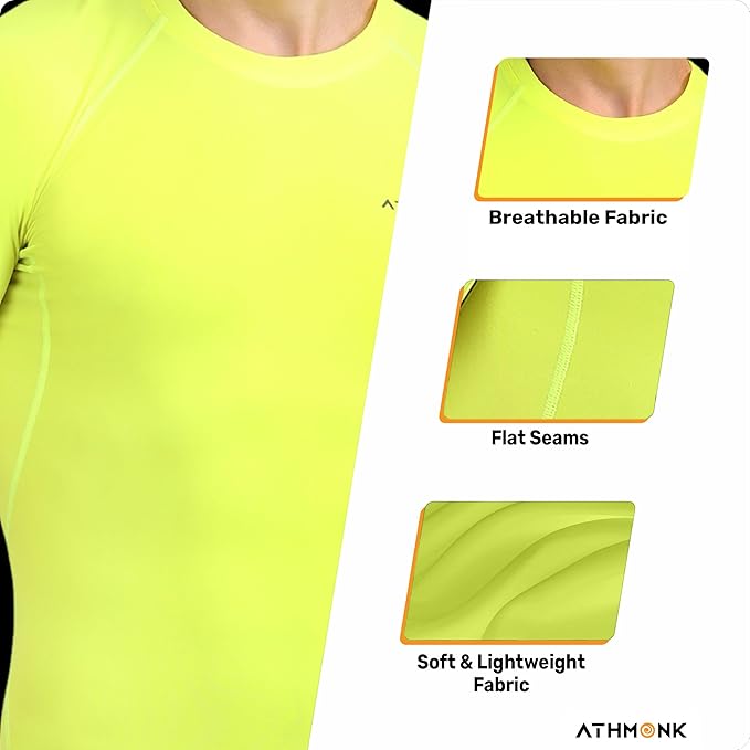 Athmonk Compression T-Shirt Vest Body Shaper Half Sleeve for Men Boys Branded - Nylon Lycra Fabric - Workout Gym Cricket Football Sports Training - Keep Dry Tight Skin Fit - Round Neck