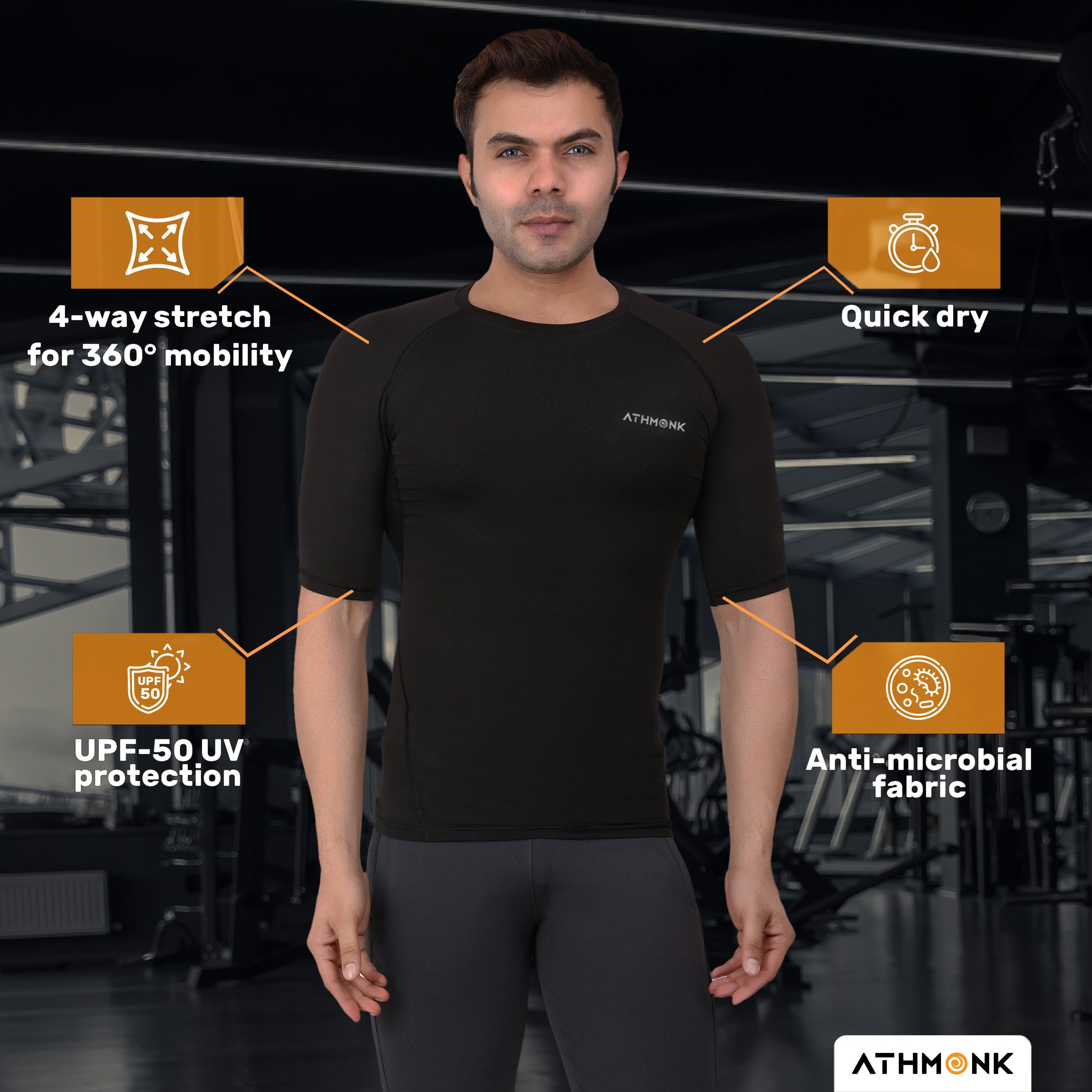 Athmonk Compression T-Shirt Vest Body Shaper Half Sleeve for Men Boys Branded - Nylon Lycra Fabric - Workout Gym Cricket Football Sports Training - Keep Dry Tight Skin Fit - Round Neck