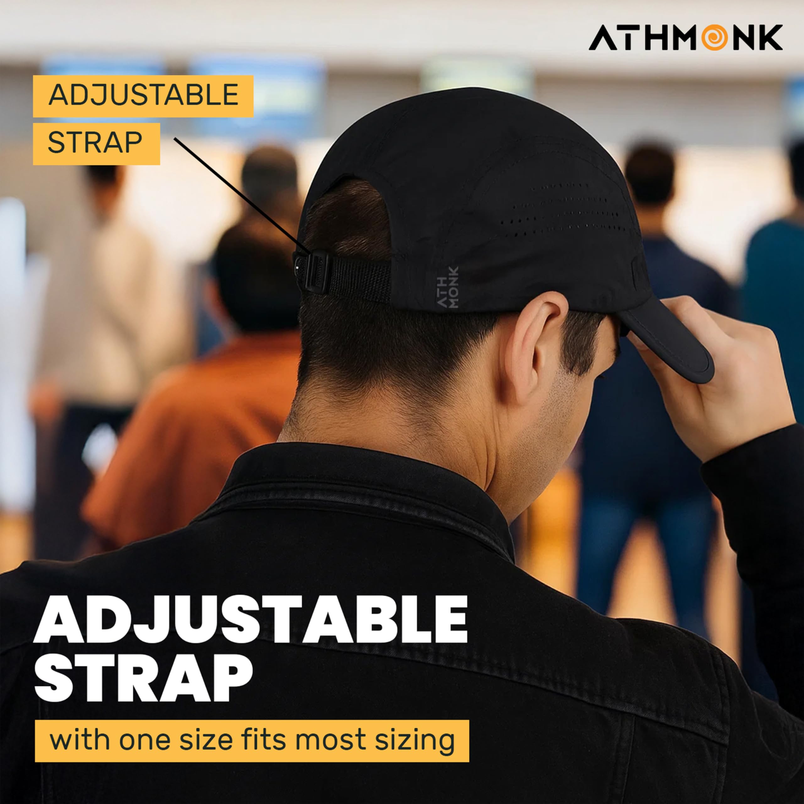 Athmonk FlexiBrim Foldable Sports Cap for Man & Woman with Carry Pouch | Men's Cap for Running, Gym, Rain, Summer | Super Portable, Fits in Pocket Cap with Ventilation Holes | Adjustable Size, Black