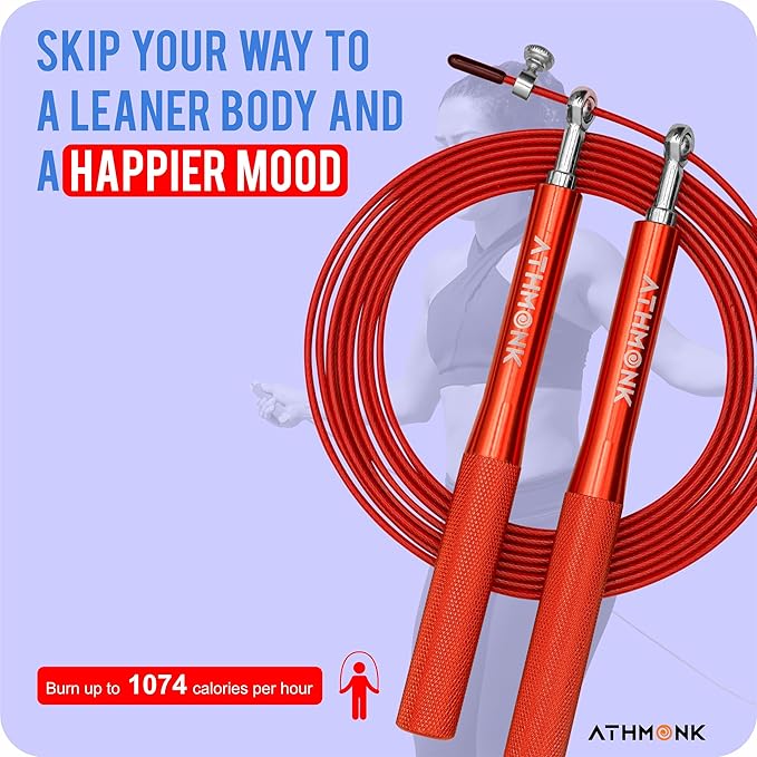 Athmonk Steel Wire High Speed Skipping Rope For Men & Women - Jumping Rope For Exercise - Metal Handle - Tangle Free 10ft Long Adjustable