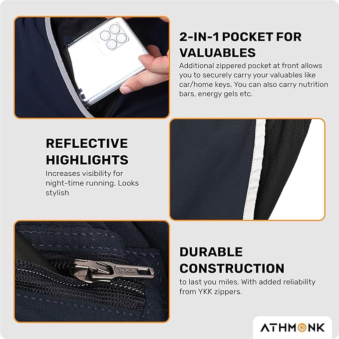 Athmonk Flotek Quick Dry Running Activewear Shorts for Men with Phone Zipper Back Pockets