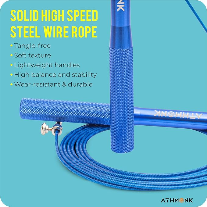Athmonk Steel Wire High Speed Skipping Rope For Men & Women - Jumping Rope For Exercise - Metal Handle - Tangle Free 10ft Long Adjustable