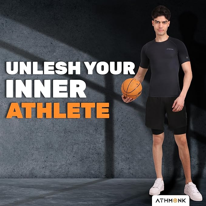 Athmonk Compression T-Shirt Vest Body Shaper Half Sleeve for Men Boys Branded - Nylon Lycra Fabric - Workout Gym Cricket Football Sports Training - Keep Dry Tight Skin Fit - Round Neck