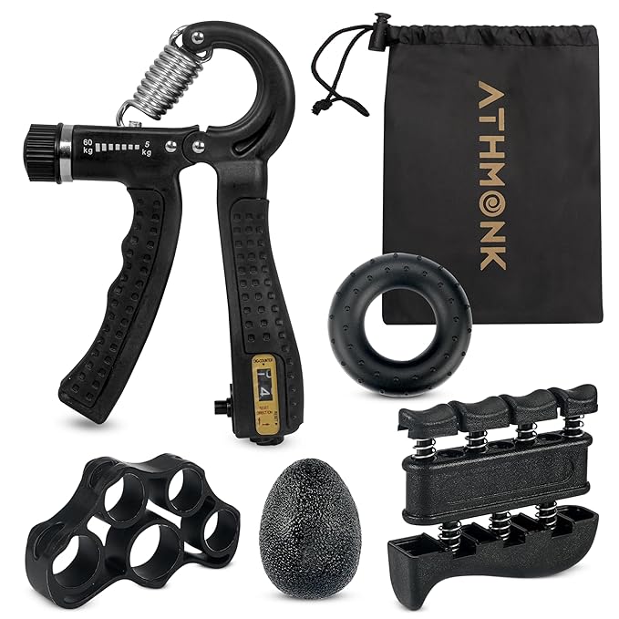 Athmonk Hand Gripper Kit - Hand Exercise Physiotherapy Equipments - Finger Strengthener & Stretcher - Stress Buster Gripper Ball - Adjustable Hand Gripper - Hand Grip Donut Ring - 5 Pcs Set