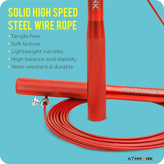 Athmonk Steel Wire High Speed Skipping Rope For Men & Women - Jumping Rope For Exercise - Metal Handle - Tangle Free 10ft Long Adjustable