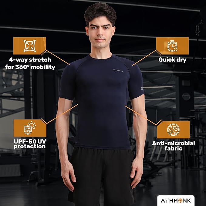 Athmonk Compression T-Shirt Vest Body Shaper Half Sleeve for Men Boys Branded - Nylon Lycra Fabric - Workout Gym Cricket Football Sports Training - Keep Dry Tight Skin Fit - Round Neck
