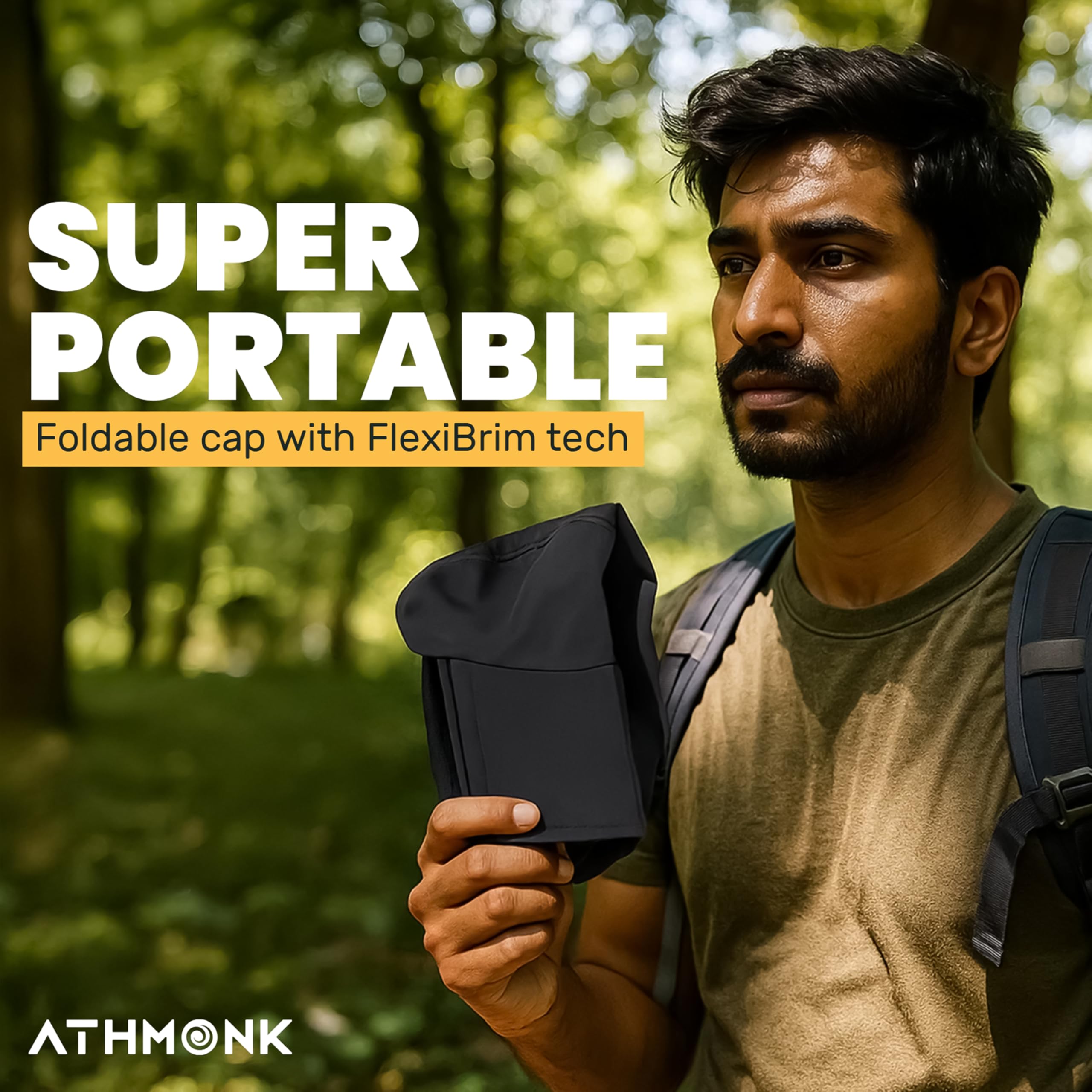 Athmonk FlexiBrim Foldable Sports Cap for Man & Woman with Carry Pouch | Men's Cap for Running, Gym, Rain, Summer | Super Portable, Fits in Pocket Cap with Ventilation Holes | Adjustable Size, Black