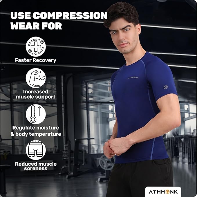 Athmonk Compression T-Shirt Vest Body Shaper Half Sleeve for Men Boys Branded - Nylon Lycra Fabric - Workout Gym Cricket Football Sports Training - Keep Dry Tight Skin Fit - Round Neck