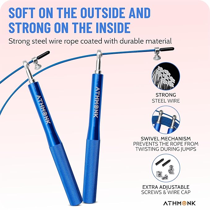 Athmonk Steel Wire High Speed Skipping Rope For Men & Women - Jumping Rope For Exercise - Metal Handle - Tangle Free 10ft Long Adjustable