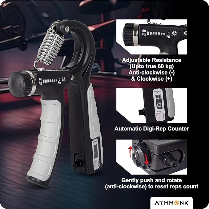 Athmonk Hand Grip Strengthener Gripper With Rep Counter Fingers Exercise Workout - Physiotherapy Paralysis Recovery - Gym Forearm Wrist Arm Wrestling Trainer - Steel Spring - 60 kg Adjustable