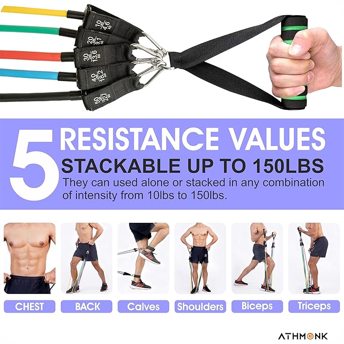 Athmonk Resistance Tube Band Set of 11 pcs - Resistance Bands for Men Women - with Toning Tubes, Door Anchor, Foam Handles, Ankle Straps, Workout Guide - 150 lbs