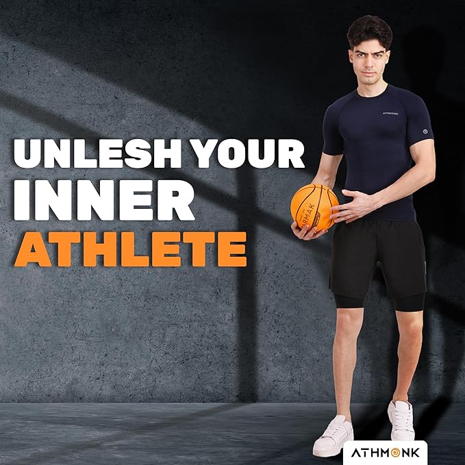 Athmonk Compression T-Shirt Vest Body Shaper Half Sleeve for Men Boys Branded - Nylon Lycra Fabric - Workout Gym Cricket Football Sports Training - Keep Dry Tight Skin Fit - Round Neck