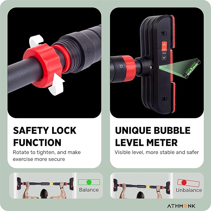 Athmonk No Screw Pull Up Bar Rod for Home Door Mounted - Hanging Exercise Equipment Gym Workout for Men Women - Height Increase Kids - 200kg Load - 75-110 cm Adjustable - Heavy Duty Carbonised Steel