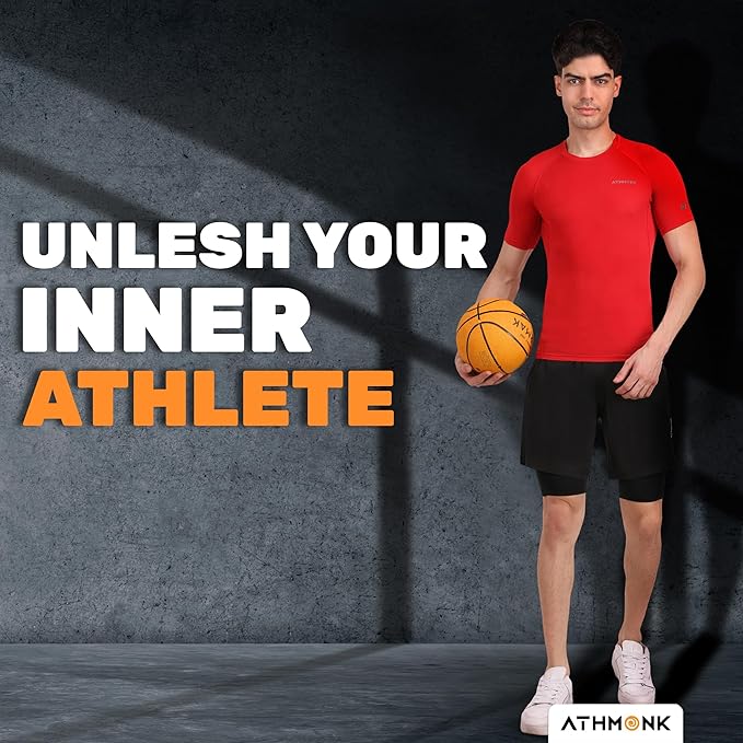 Athmonk Compression T-Shirt Vest Body Shaper Half Sleeve for Men Boys Branded - Nylon Lycra Fabric - Workout Gym Cricket Football Sports Training - Keep Dry Tight Skin Fit - Round Neck
