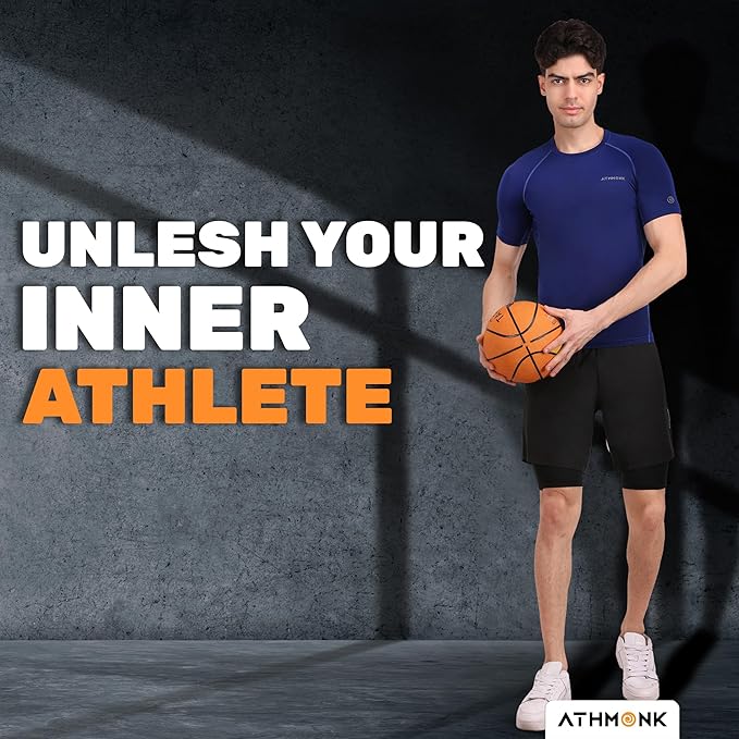 Athmonk Compression T-Shirt Vest Body Shaper Half Sleeve for Men Boys Branded - Nylon Lycra Fabric - Workout Gym Cricket Football Sports Training - Keep Dry Tight Skin Fit - Round Neck