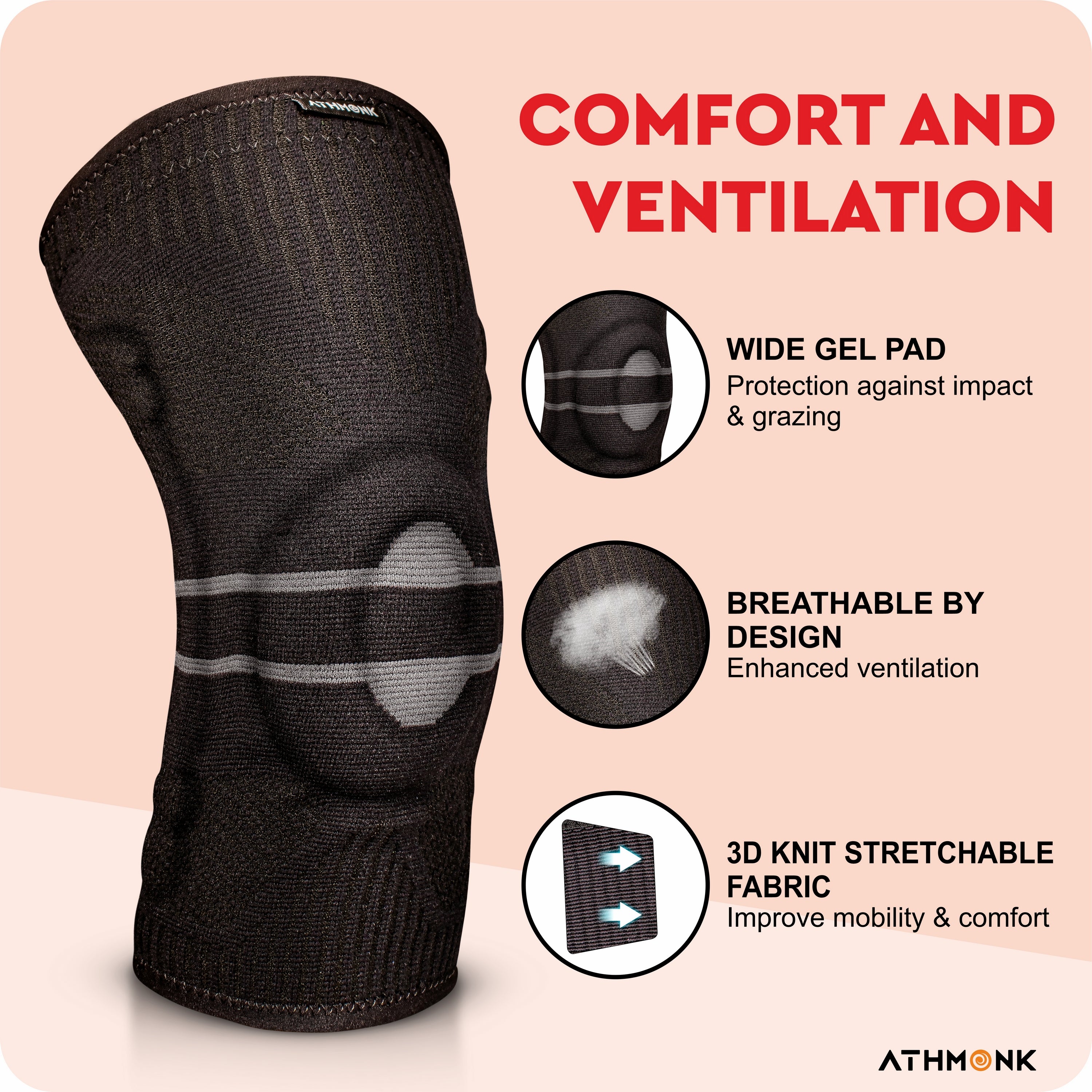 Athmonk 3D Patella Silicone Gel Pad Compression Knee Caps Supporter For Women & Men Charcoal Black