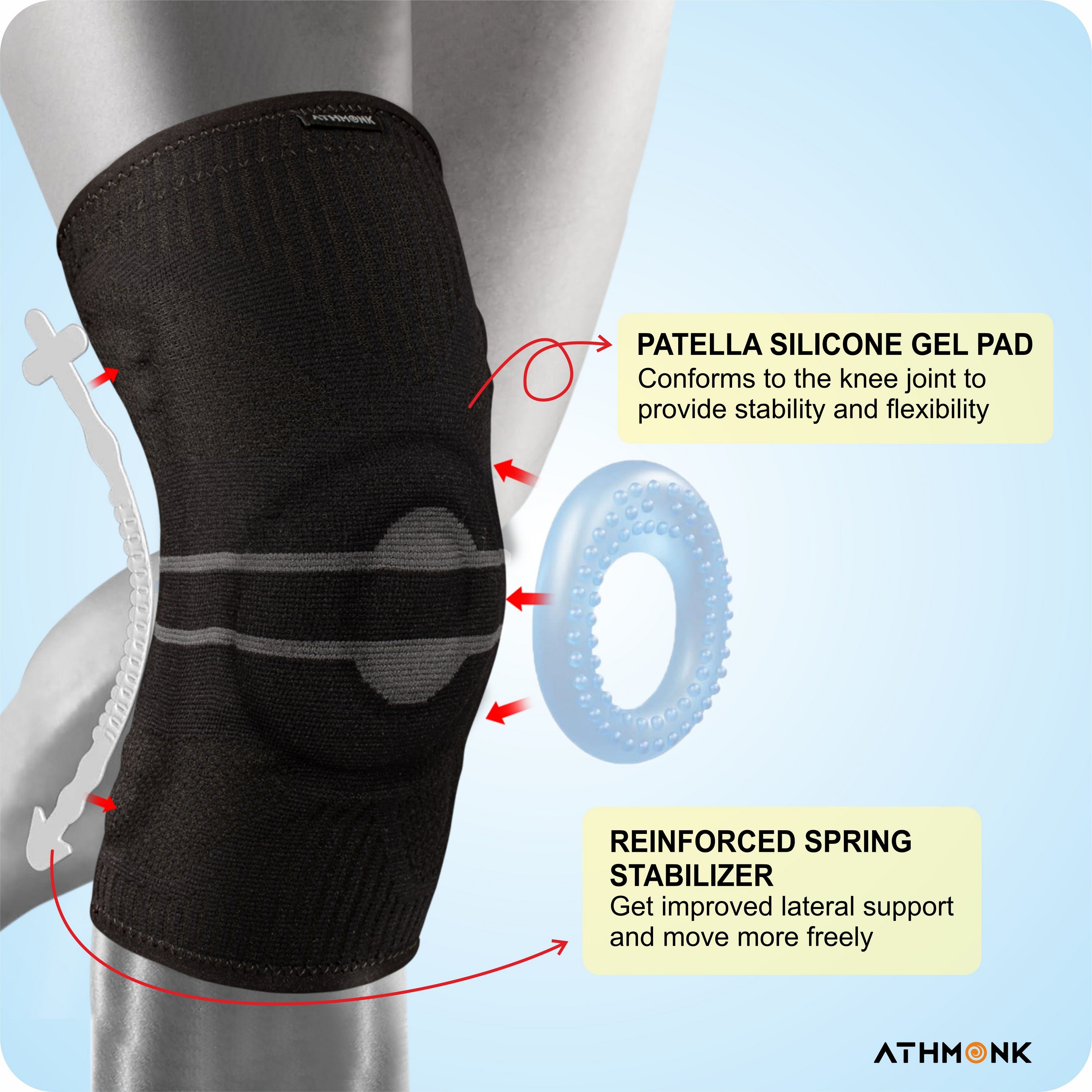 Athmonk 3D Patella Silicone Gel Pad Compression Knee Caps Supporter For Women & Men Charcoal Black