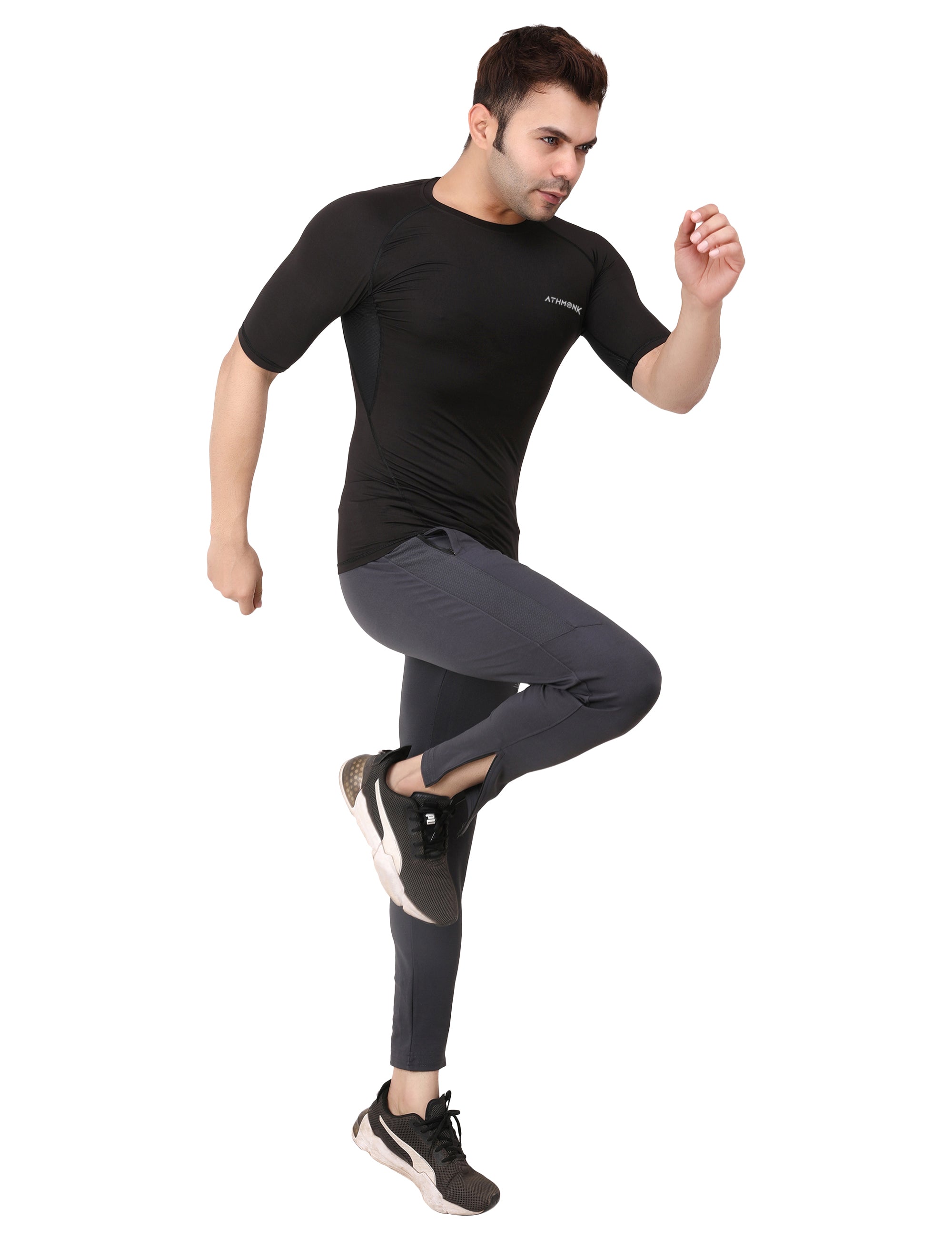 Athmonk Compression T-Shirt Vest Body Shaper Half Sleeve for Men Boys Branded - Nylon Lycra Fabric - Workout Gym Cricket Football Sports Training - Keep Dry Tight Skin Fit - Round Neck