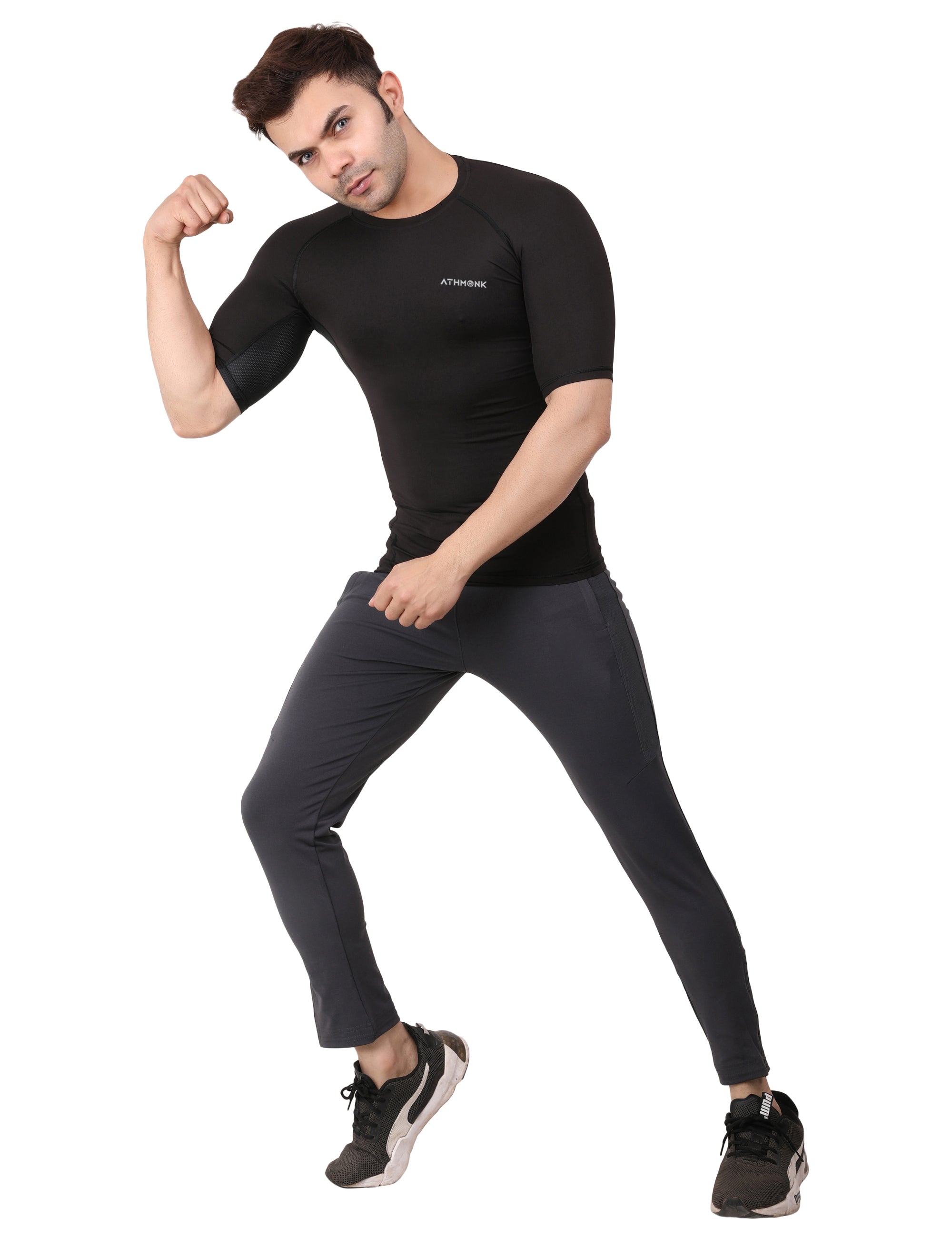 Athmonk Compression T-Shirt Vest Body Shaper Half Sleeve for Men Boys Branded - Nylon Lycra Fabric - Workout Gym Cricket Football Sports Training - Keep Dry Tight Skin Fit - Round Neck