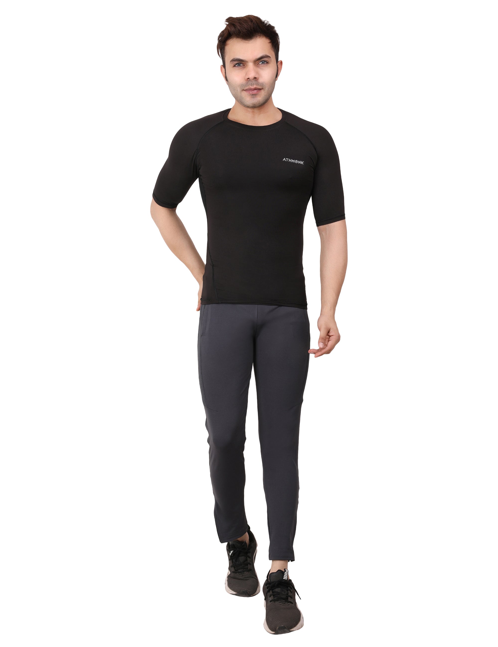 Athmonk Compression T-Shirt Vest Body Shaper Half Sleeve for Men Boys Branded - Nylon Lycra Fabric - Workout Gym Cricket Football Sports Training - Keep Dry Tight Skin Fit - Round Neck