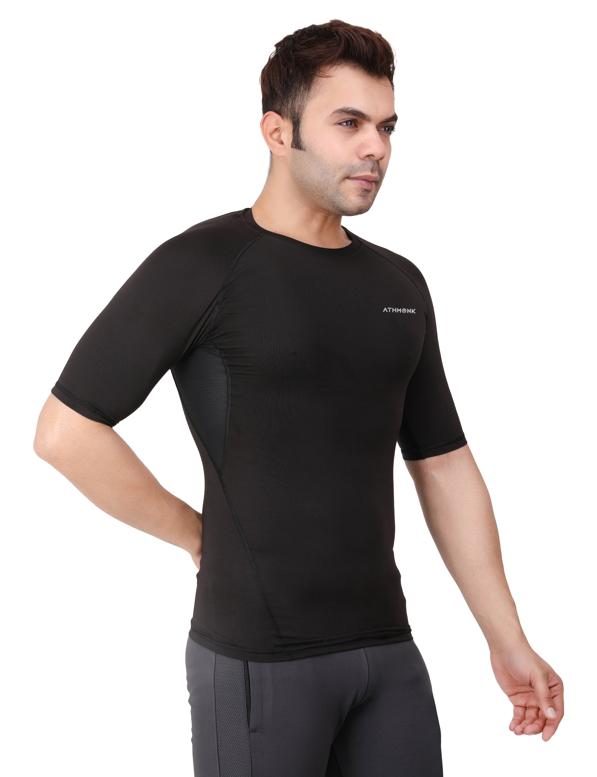 Athmonk Compression T-Shirt Vest Body Shaper Half Sleeve for Men Boys Branded - Nylon Lycra Fabric - Workout Gym Cricket Football Sports Training - Keep Dry Tight Skin Fit - Round Neck